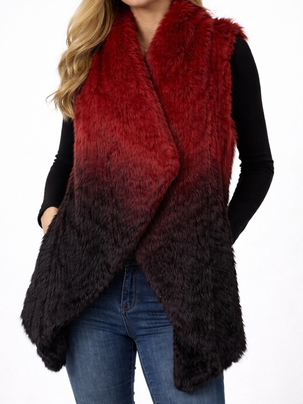 Vintage Premise Ombre Faux Fur Vest Red Black Festival Boho Wrap - Picture 12 of 16